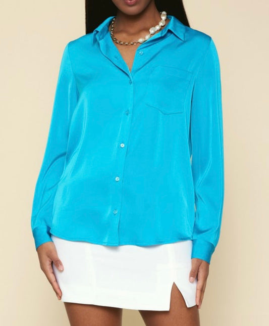 Long Sleeve Satin Top with Pocket Detail in Turquoise*