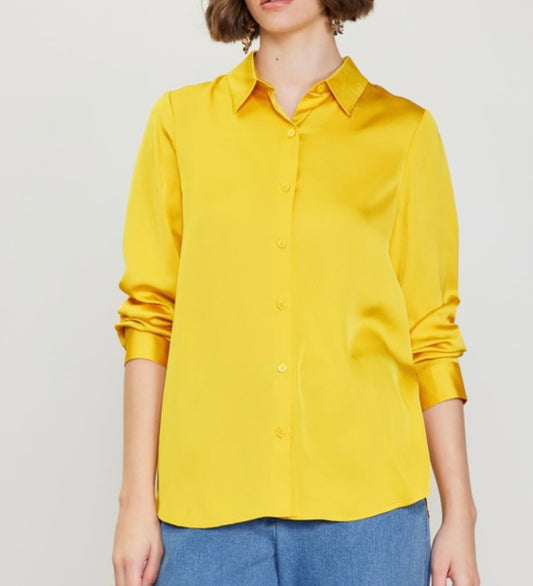 Satin Button Down Blouse in Marigold