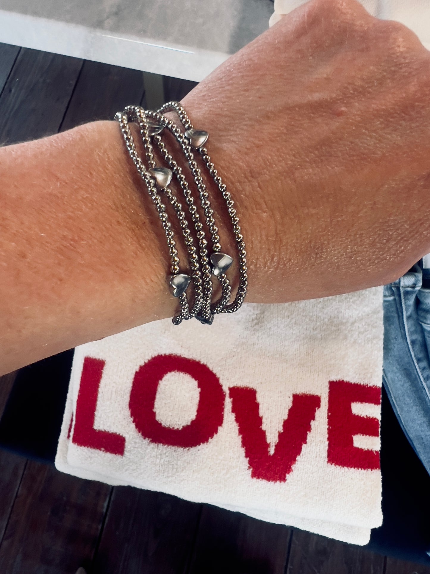 Silver Metal Ball Heart Stretch Bracelet Set