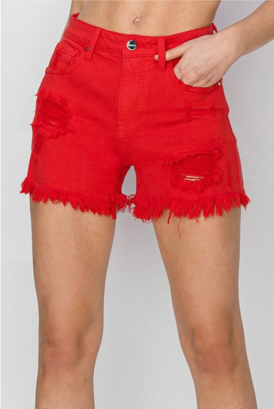 High Rise Denim Shorts in Fiesta Red