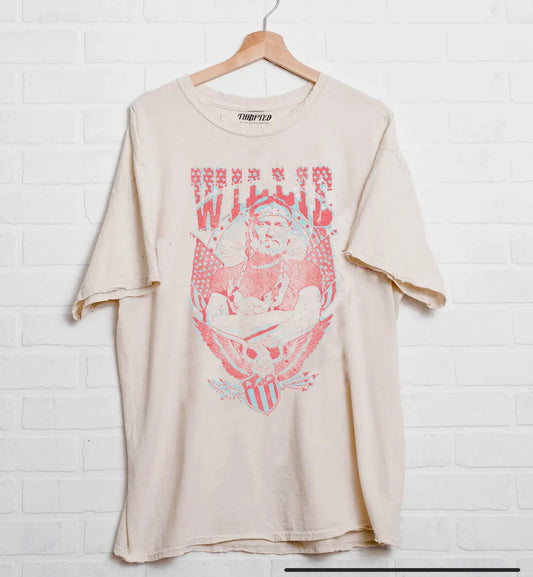 Willie Nelson in Pink & Blue on Off White Tee
