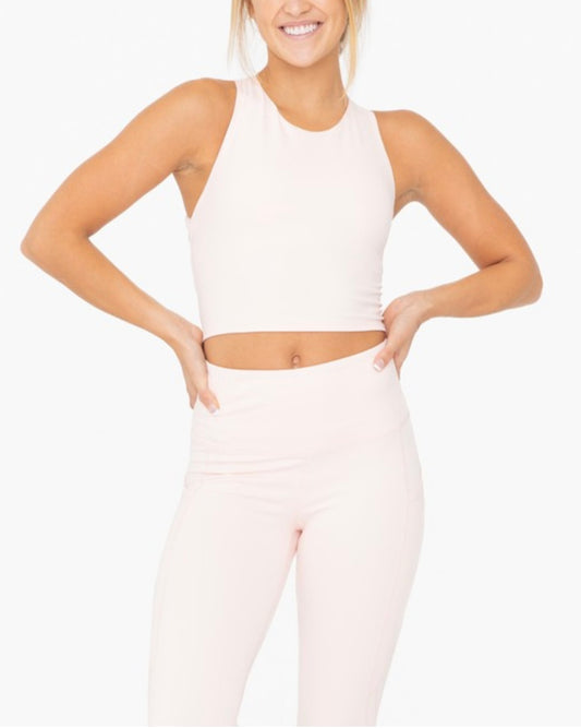 Strap Back Cropped Top With Built in Sports Bra in Shell Pink