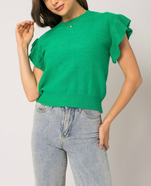 Ruffle Sleeve Knit Top in Spring Green