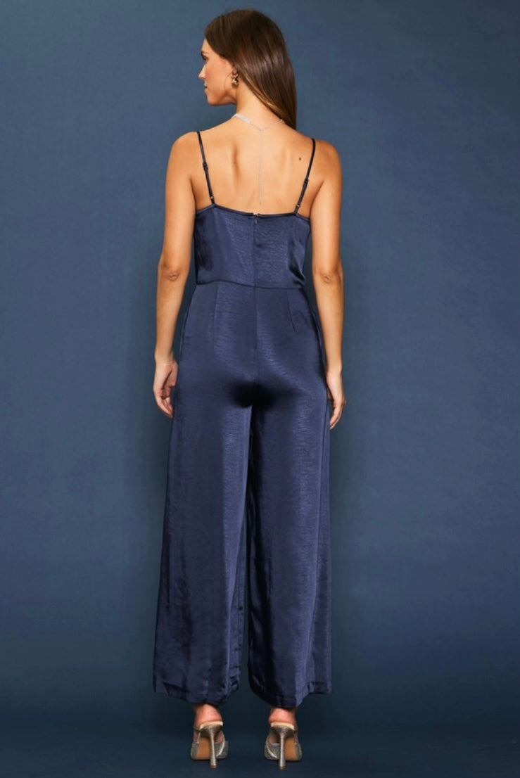 Cowl Neck Satin Jumpsuit With Leg Slits in Navy