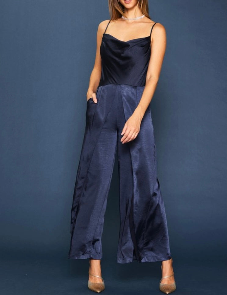 Cowl Neck Satin Jumpsuit With Leg Slits in Navy
