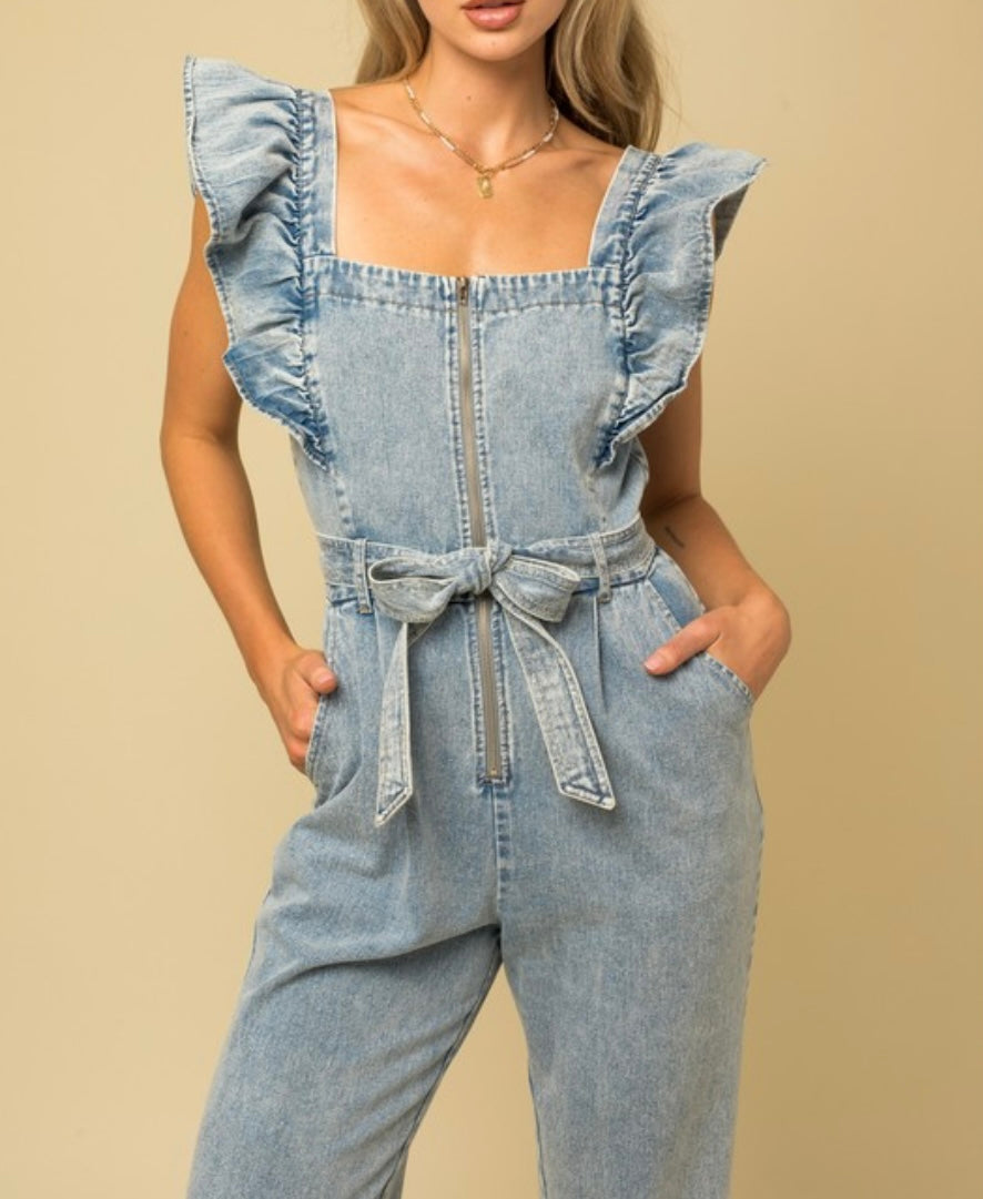 Denim Overalls With Ruffle Sleeve Detail