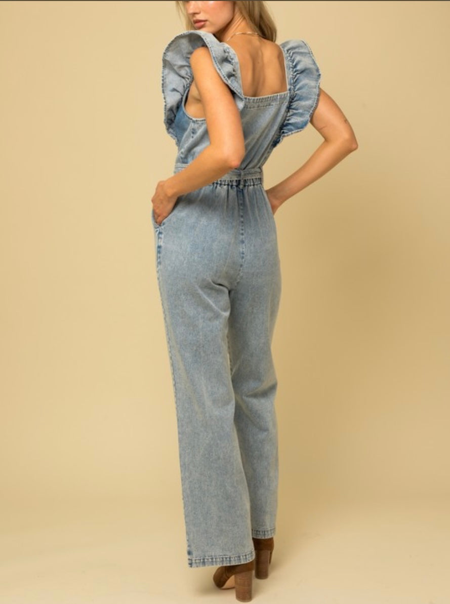 Denim Overalls With Ruffle Sleeve Detail