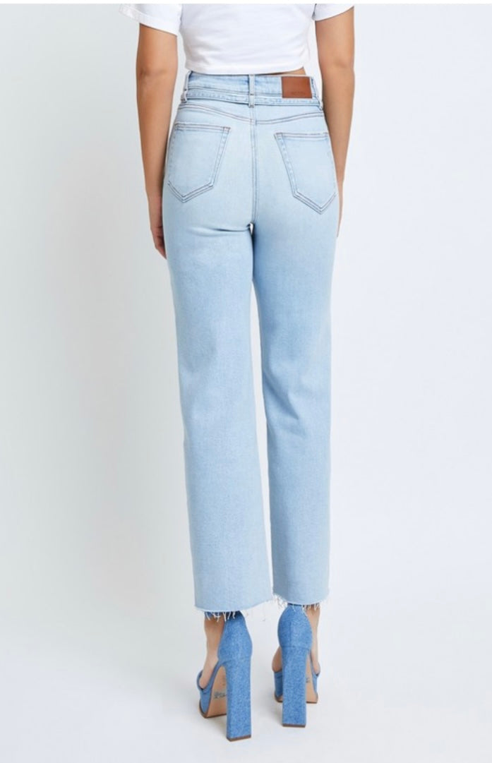 Light Wash Tie Waist Wide Leg Denim With Stretch