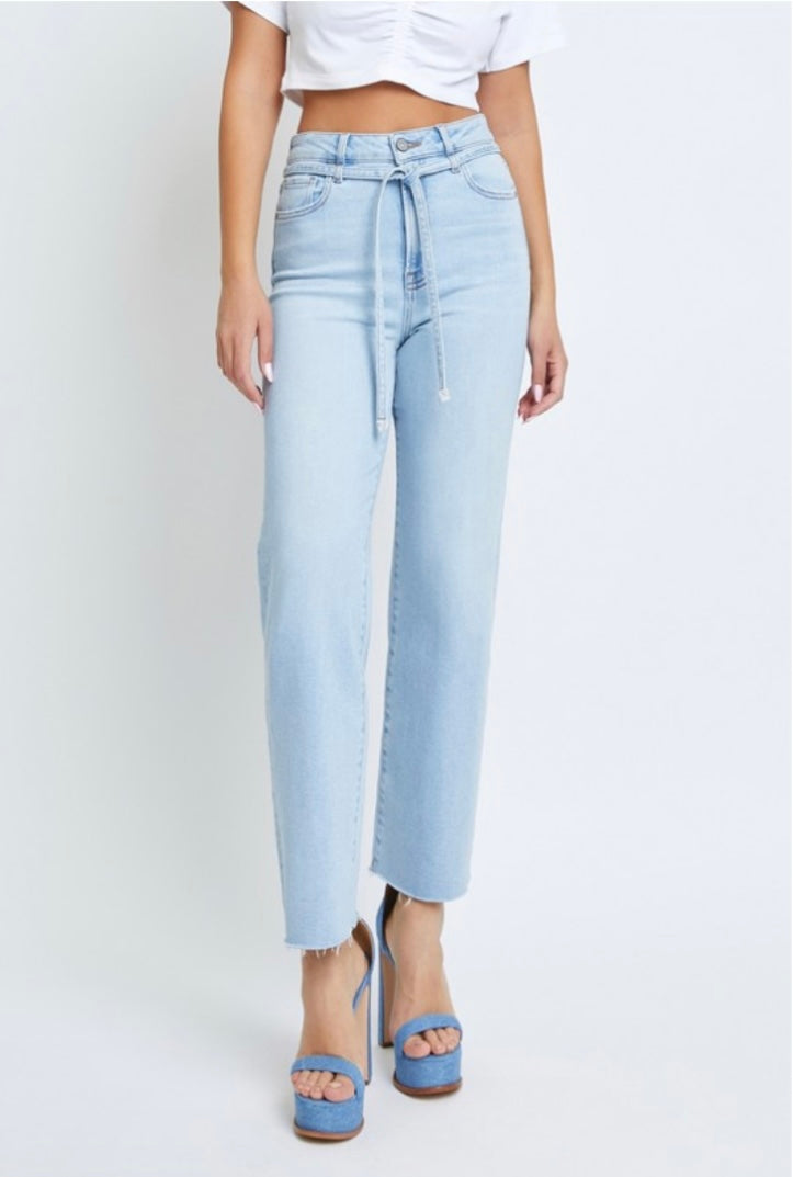 Light Wash Tie Waist Wide Leg Denim With Stretch