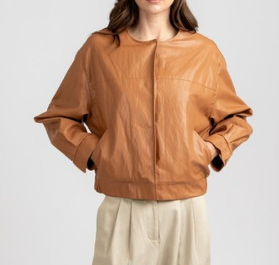 Collarless Vintage Leather Jacket in Cognac