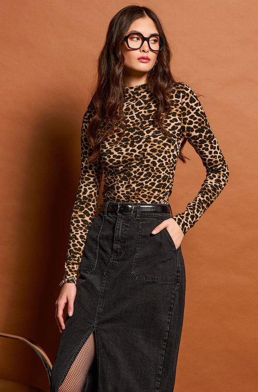 Cheetah Print Long Sleeve High Neck Draped Top