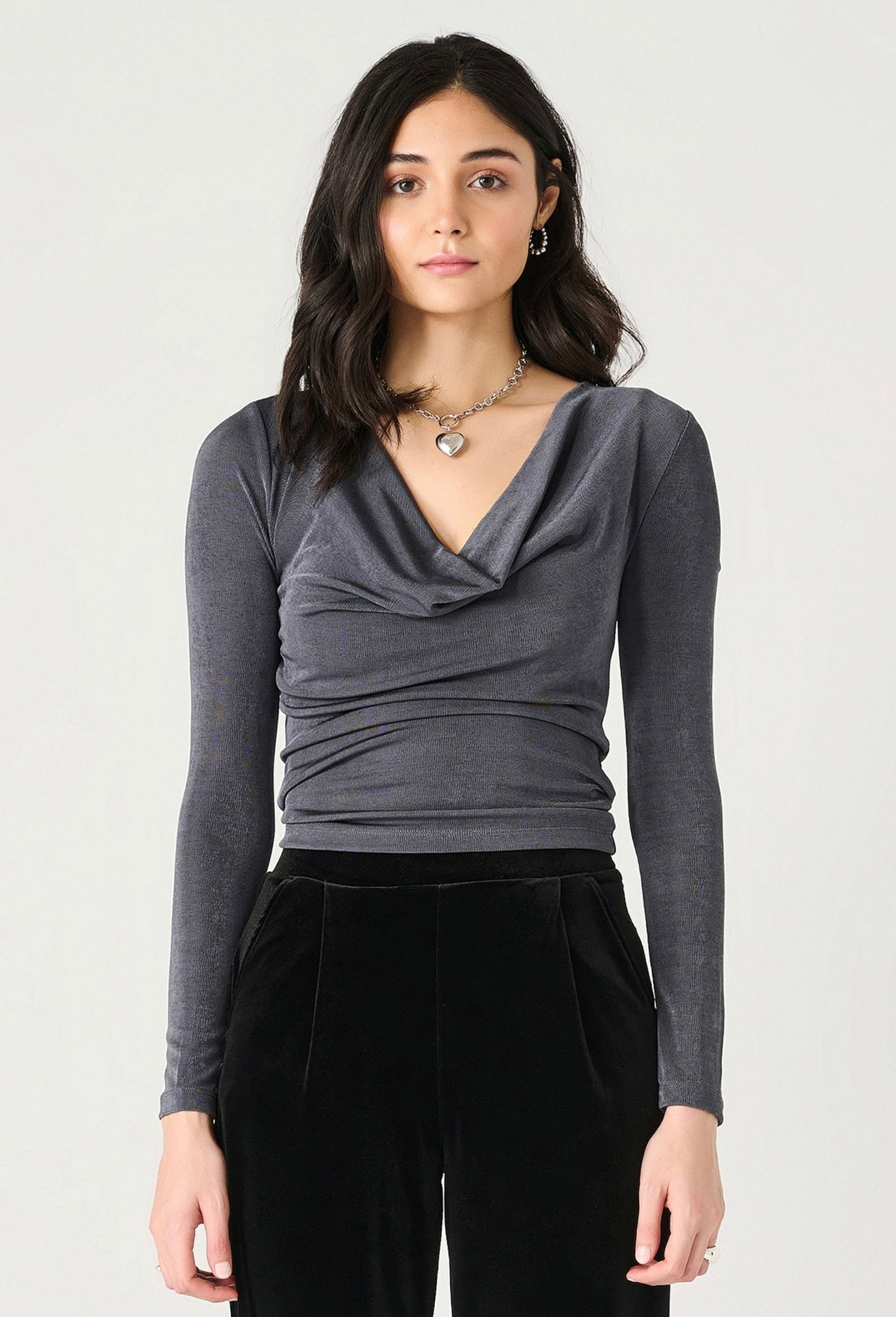 Charcoal Sheen Drape Neck Top