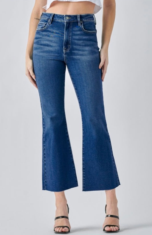 Medium Washed Clean Cropped Flare Denim