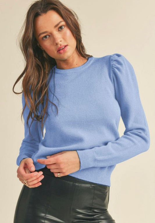 Crewneck Puff Sleeve Sweater in Periwinkle