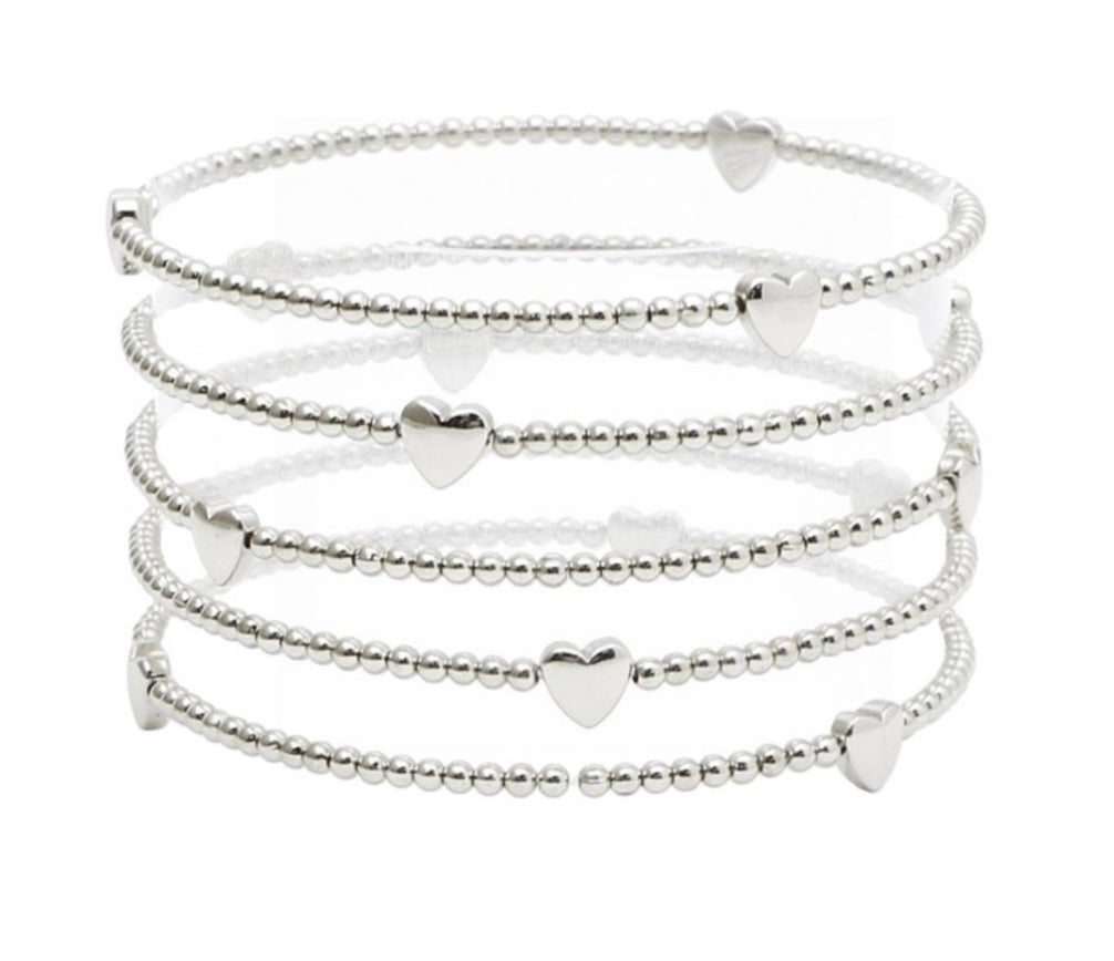 Silver Metal Ball Heart Stretch Bracelet Set