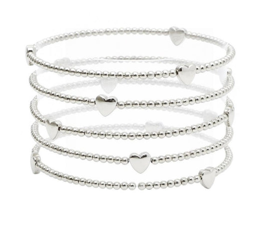 Silver Metal Ball Heart Stretch Bracelet Set