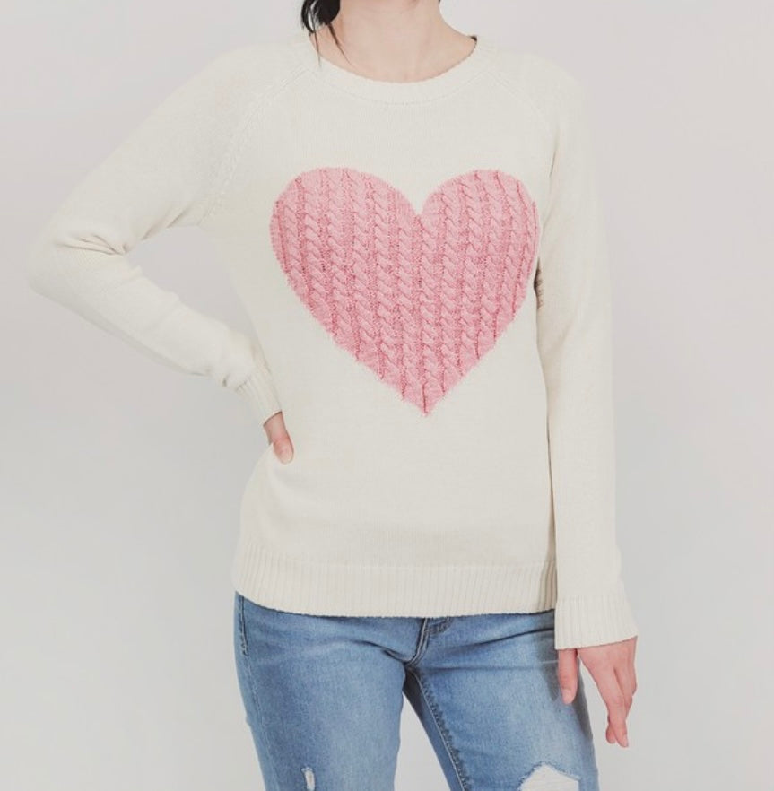 Cable Knit Heart Sweater in Oatmeal & Pink