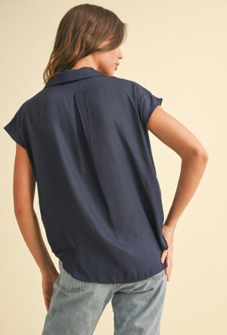 Satin Cap Sleeve in Navy