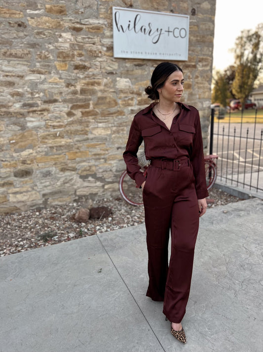 Satin Button Down Jumpsuit in Chestnut